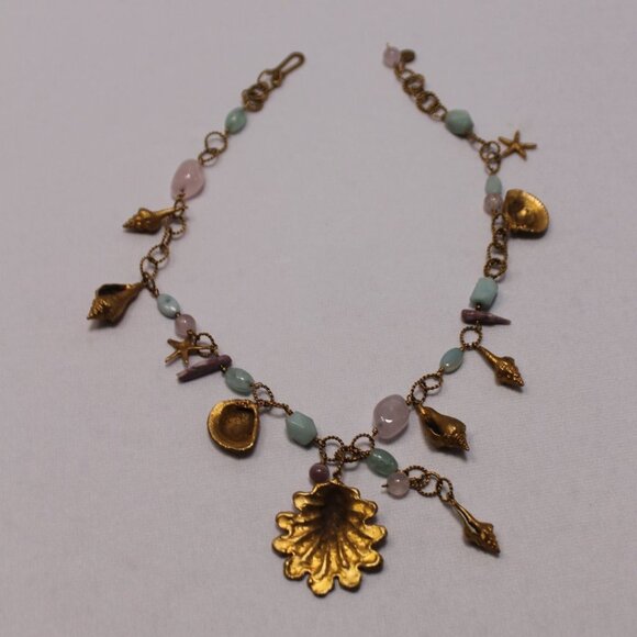 "DB" Gemstone and Gold Tone Shells Link Necklace - Picture 10 of 11